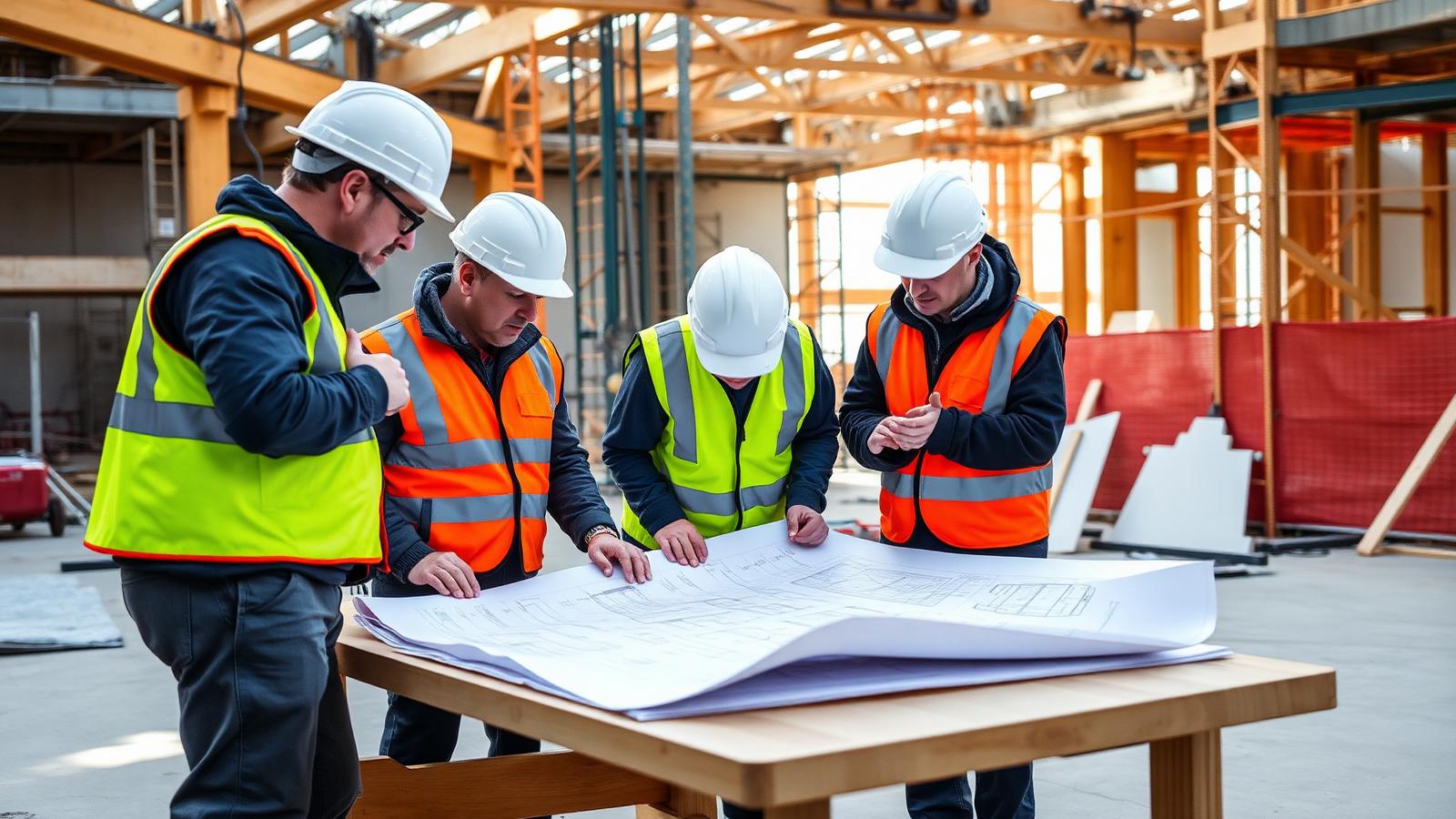 RWO engineers reviewing construction drawings together on site