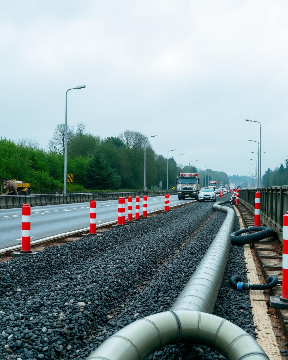 Highway construction with new drainage pipework being laid on a UK roads scheme