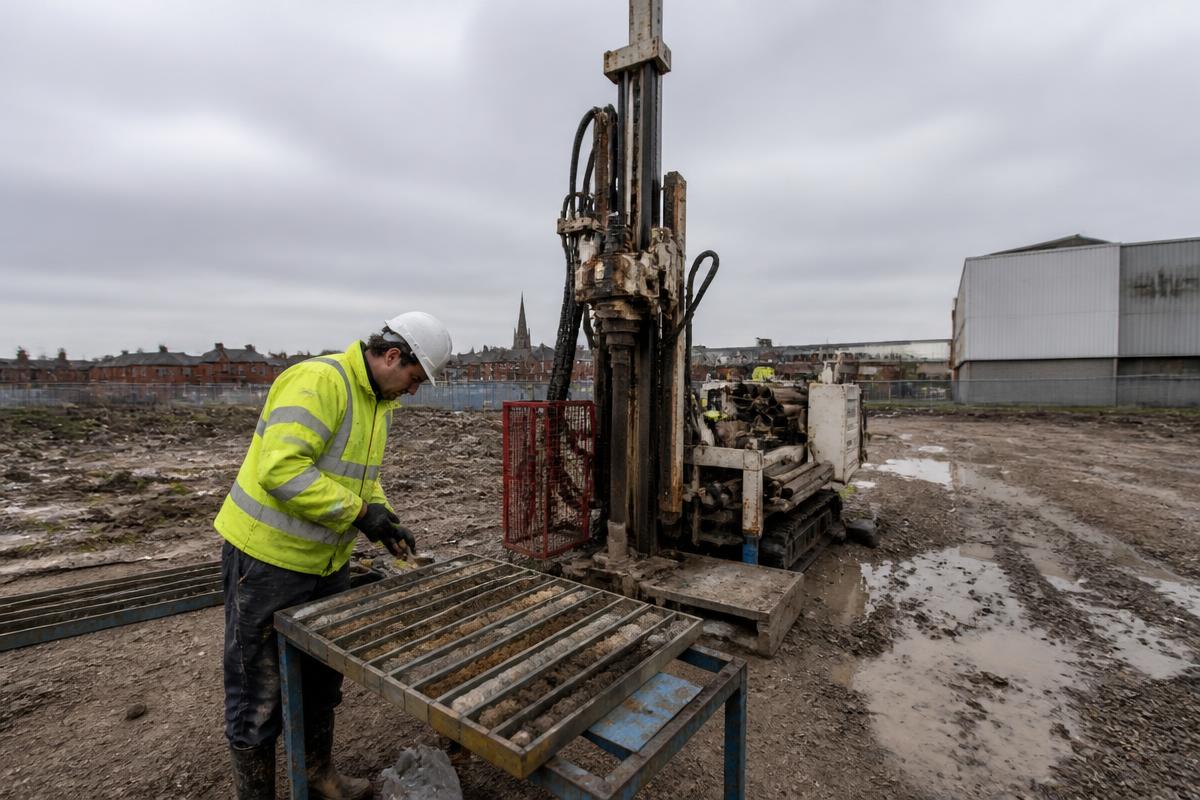 Geotechnical drilling rig and soil core samples on a brownfield site