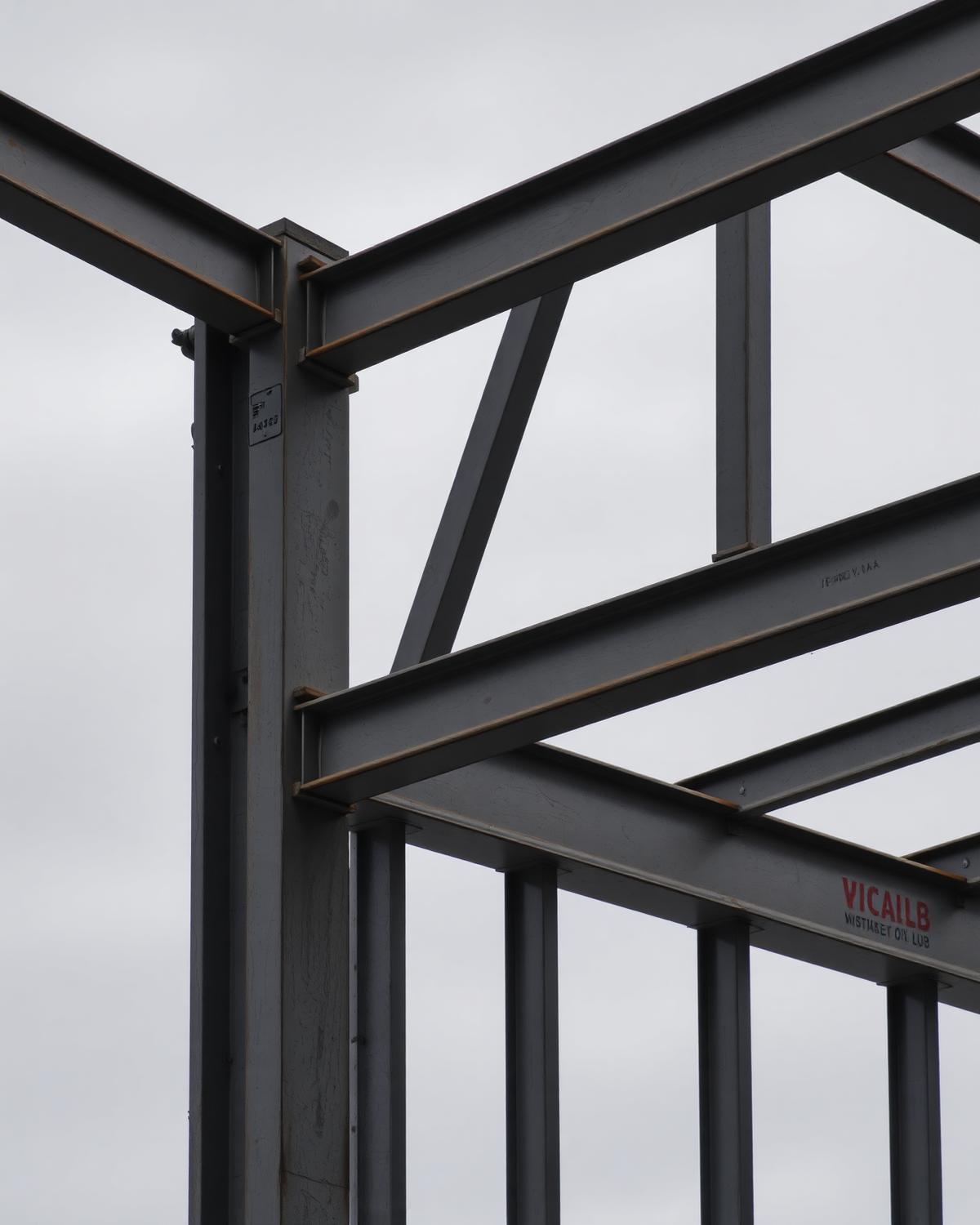 Structural steel frame with bolted beam connections against a grey sky