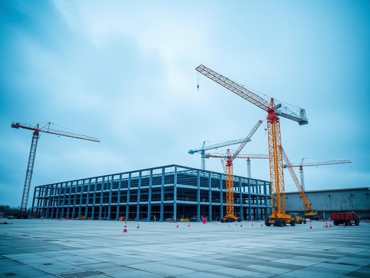 Steel frame of a data centre under construction with tower cranes overhead