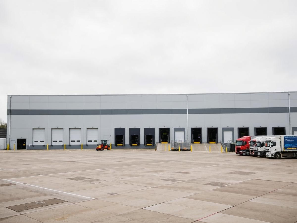 Large logistics distribution warehouse with loading bays and lorry yard
