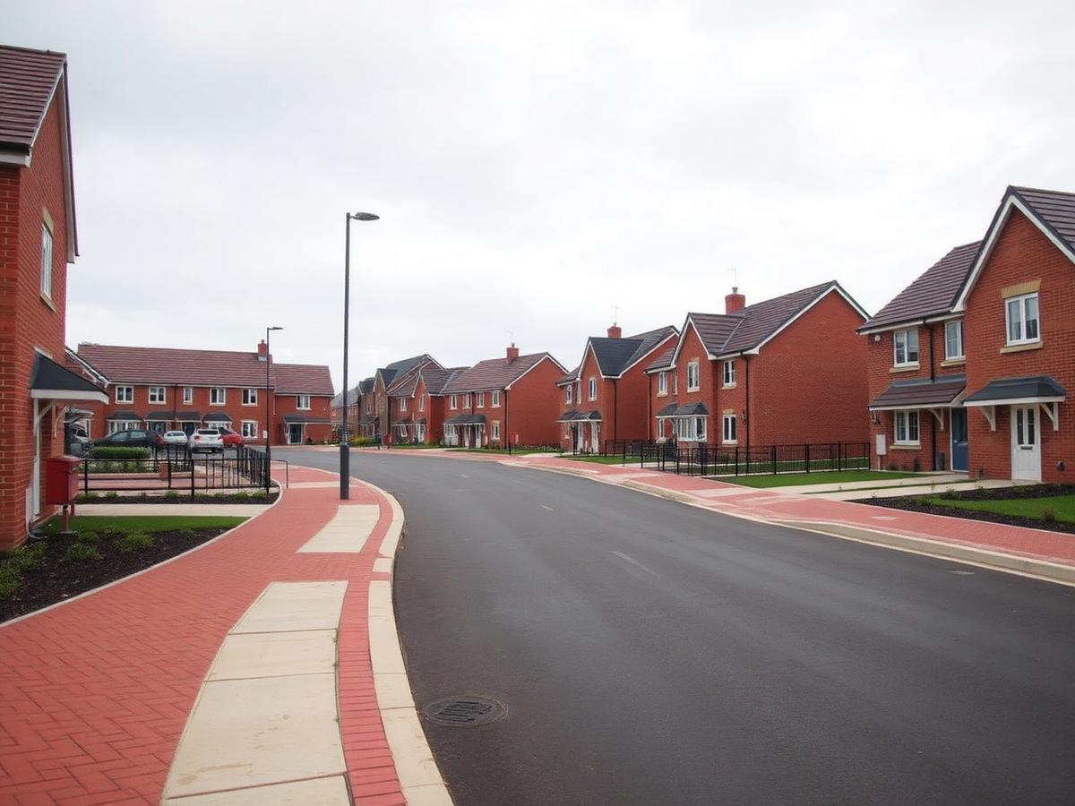 New UK housing development street with kerbs, footpaths and drainage